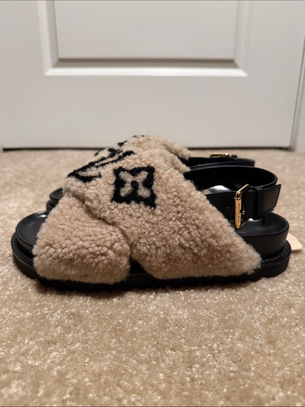 Louis Vuitton Beige Shearling Sandals with Black LV Motif - Picture 3 of 6